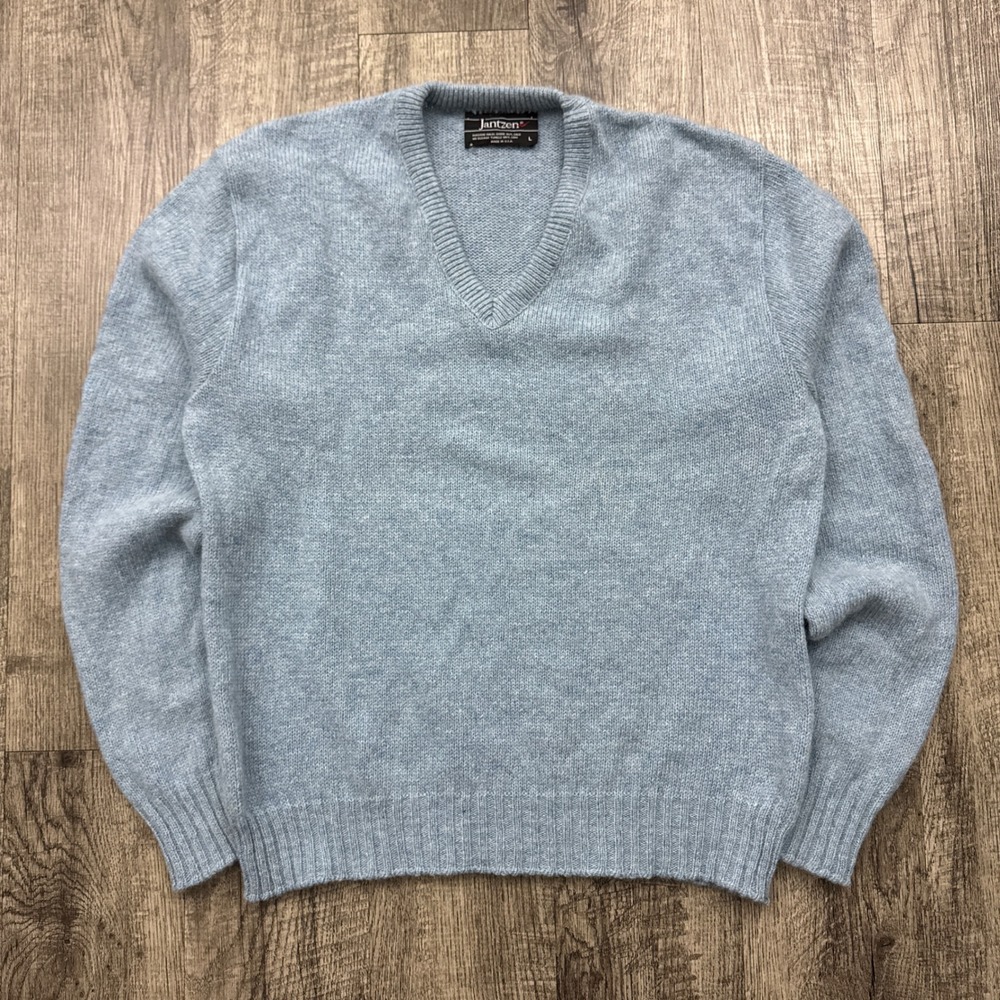 Vintage Jantzen Wool Blend Blue V-Neck Sweater USA Sz L